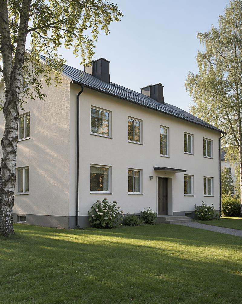 Fasaden på Ridbyxan 17 en sommarmorgon